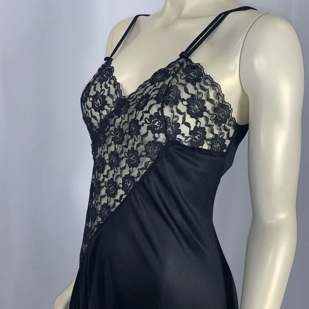 Vintage 70's Black Lingerie Slip Dress Maxi Long Dress High Slit See through Wai - Picture 9 of 16